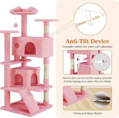 Multi-Level Cat Tree Tower with Scratching Post, Condo & Climbing Ladder – Pink