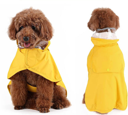 Front and back view of a dog wearing the raincoat in yellow, showing the clear hood panel and reflective trim.