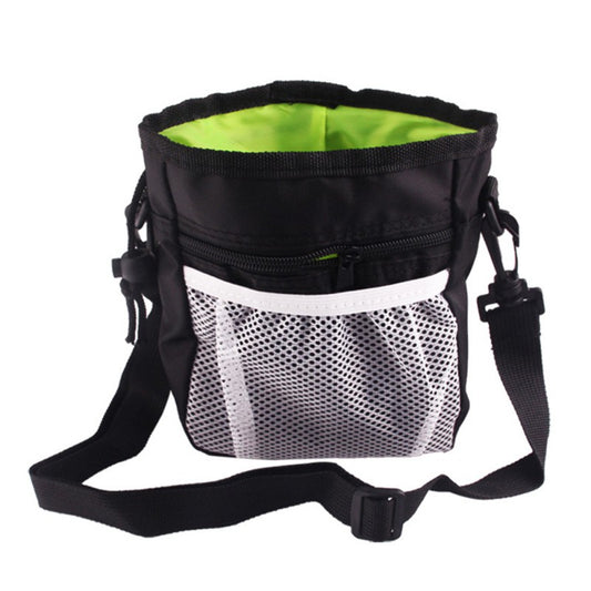 Black treat pouch, front view, with mesh pocket and open drawstring top