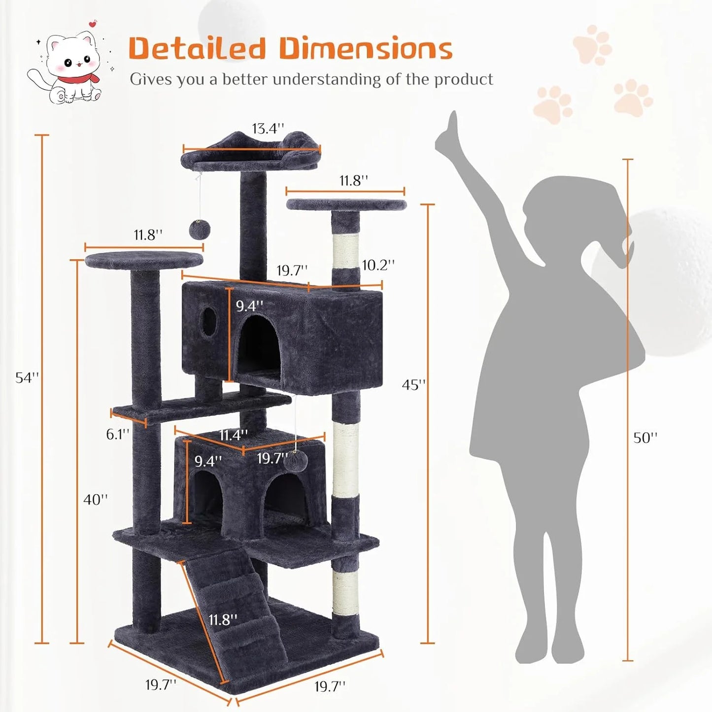 Multi-Level Cat Tree Tower with Scratching Post, Condo & Climbing Ladder – Dove Grey
