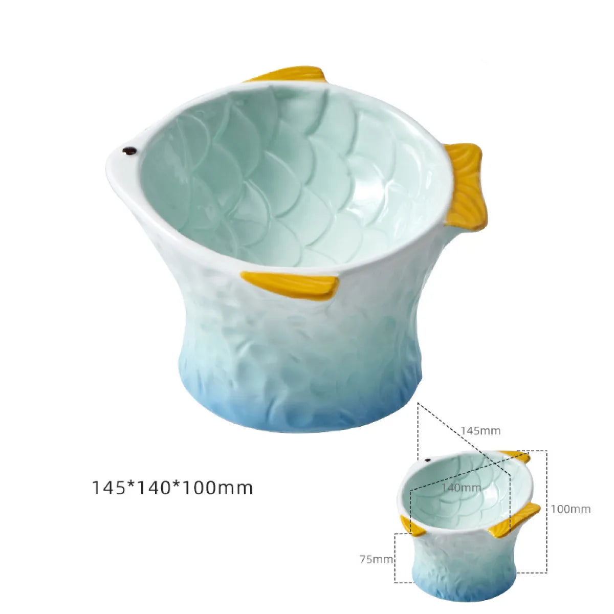 Ceramic fish-shape cat feeder shown in Yellow