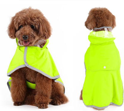 Front and back view of a dog wearing the raincoat in bright yellow, showing the clear hood panel and reflective trim.