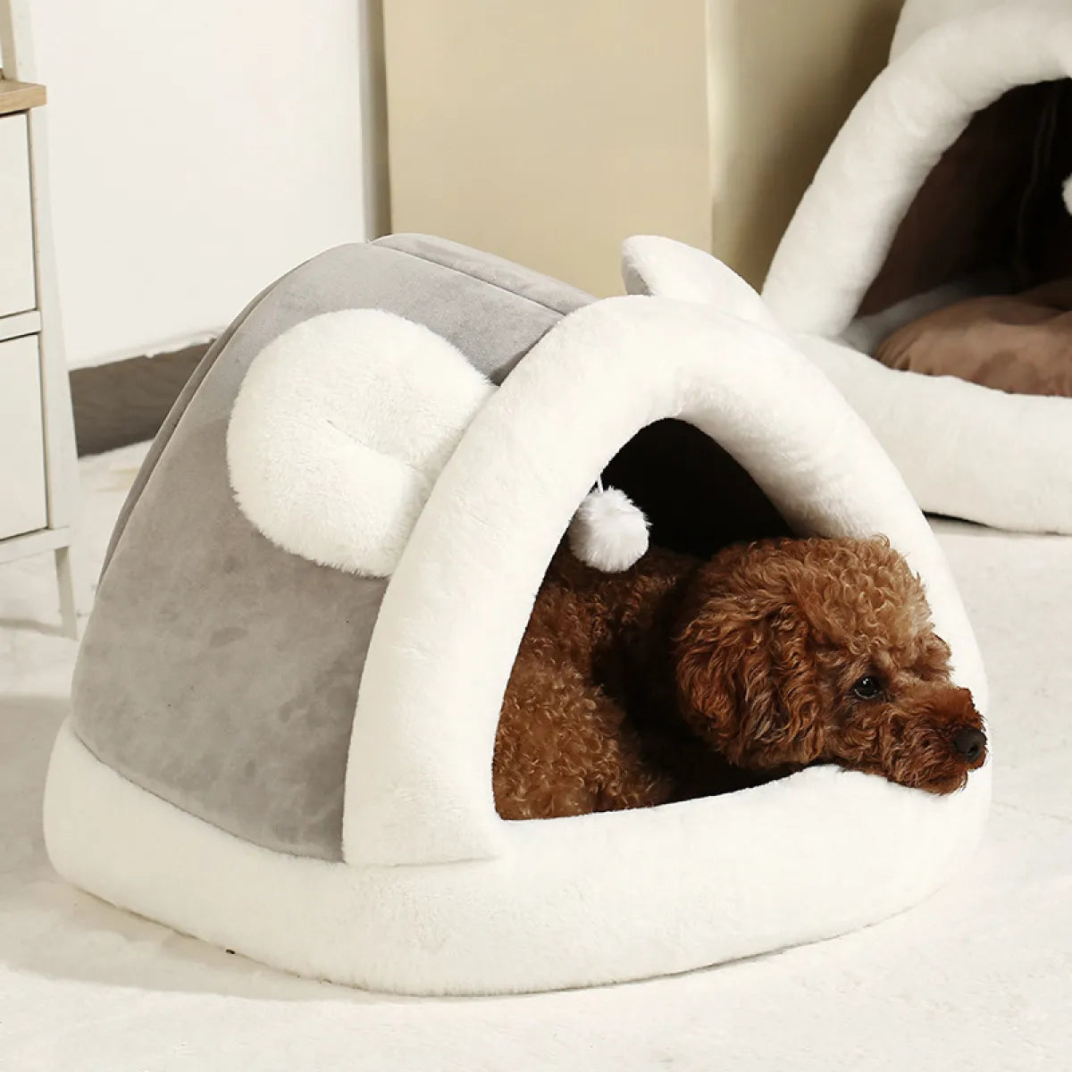 Front view of the enclosed Pet Tent Cave Bed showing its fully covered dome shape