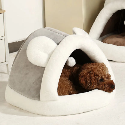 Front view of the enclosed Pet Tent Cave Bed showing its fully covered dome shape