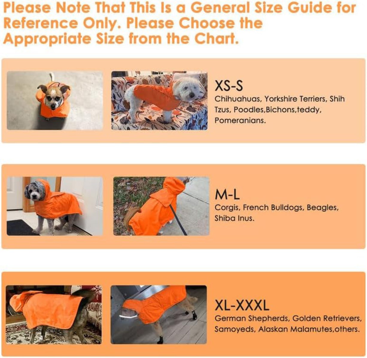 Size guide showing breed examples for XS-S, M-L, and XL-XXXL raincoat sizes.