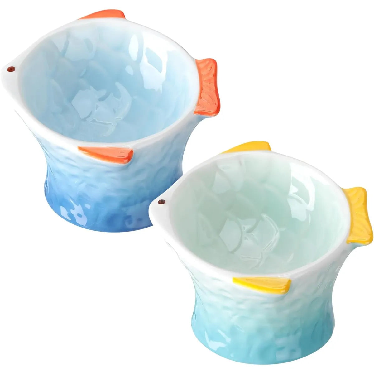 Ceramic fish-shape elevated cat feeder, front view showing the tilted fish-shaped bowl design