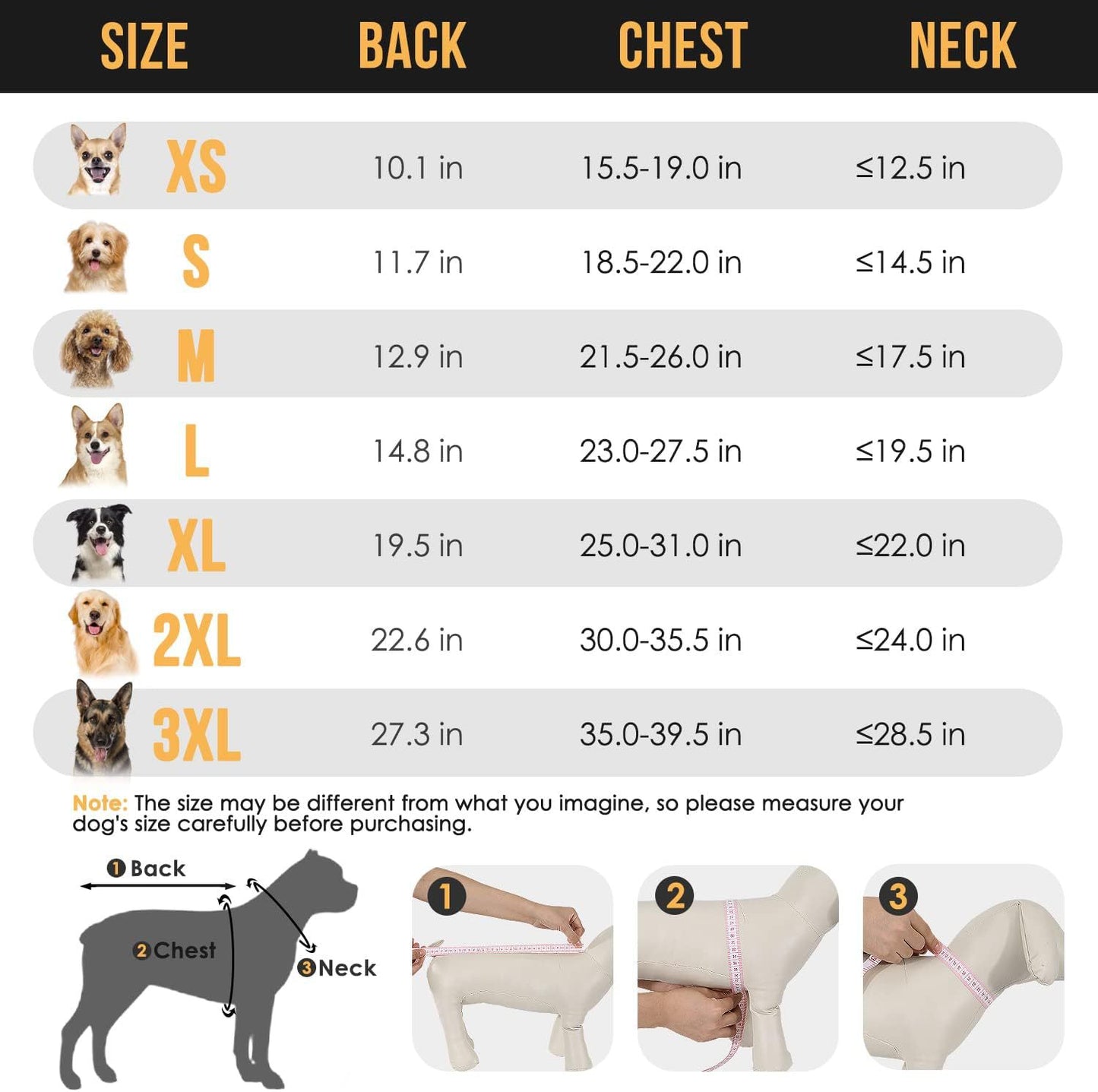 Size chart listing back, chest, and neck measurements for sizes XS through 3XL, with instructions for measuring your dog.