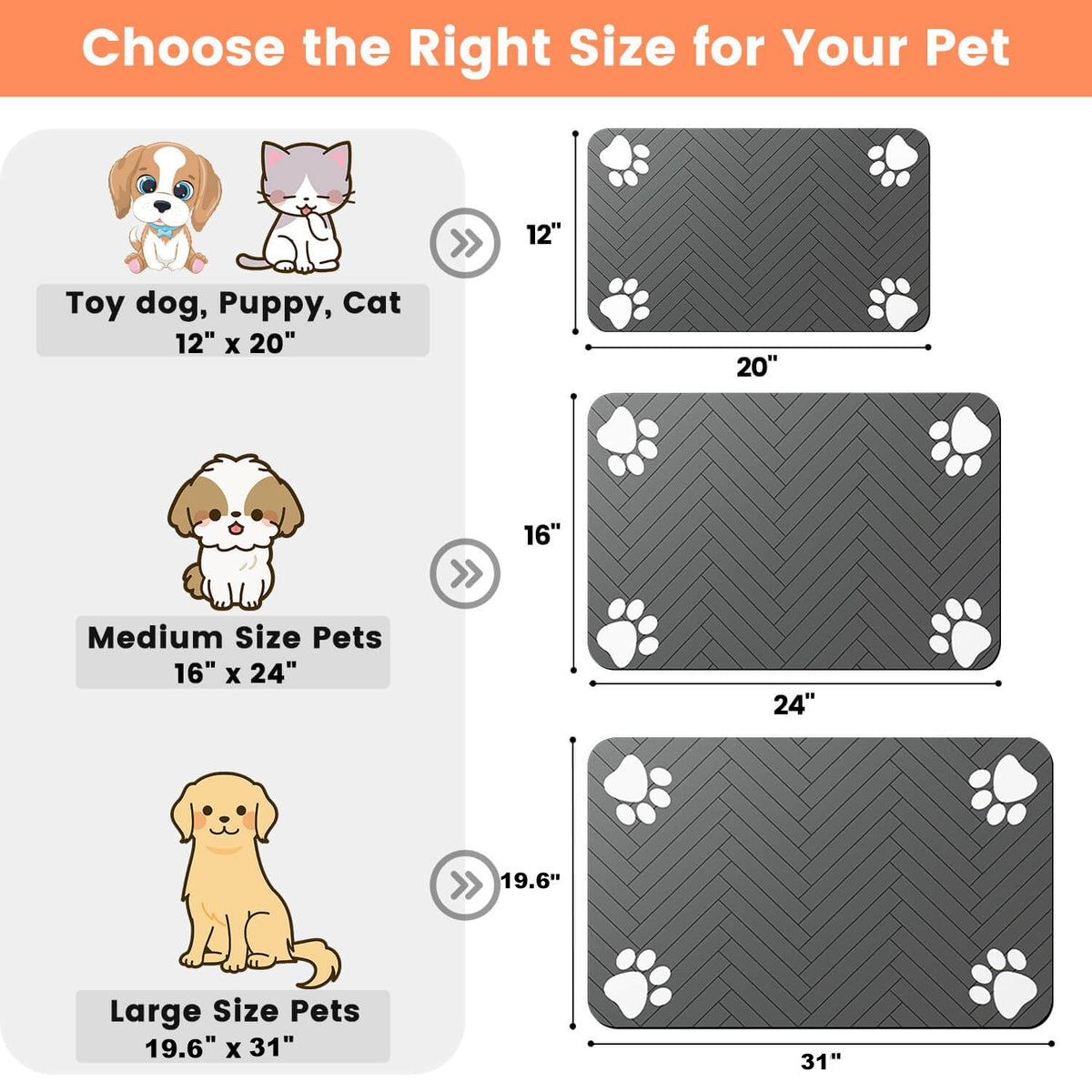 Size guide comparing the small, medium and large pet feeding mat dimensions in inches