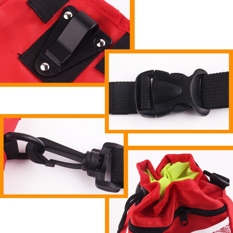 Detail collage of the belt clip, buckle, carabiner clip, and drawstring cinch closure on the treat pouch
