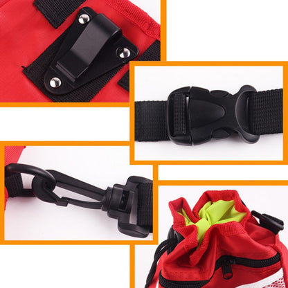 Detail collage of the belt clip, buckle, carabiner clip, and drawstring cinch closure on the treat pouch