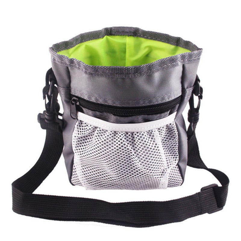 Grey treat pouch, front view, with green interior lining visible