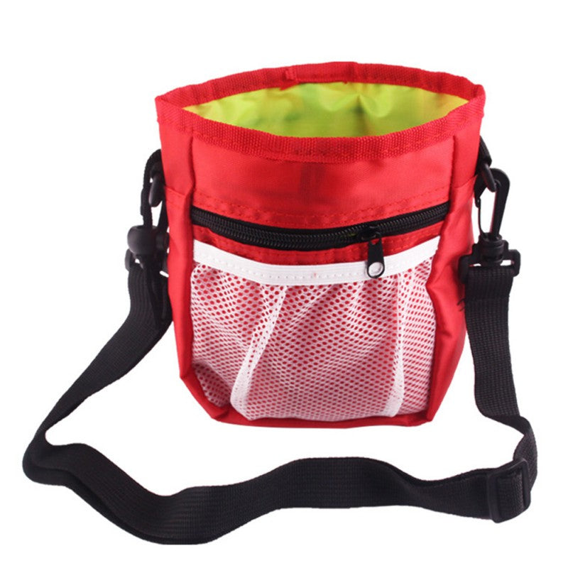 Red treat pouch, front view, with green interior lining visible