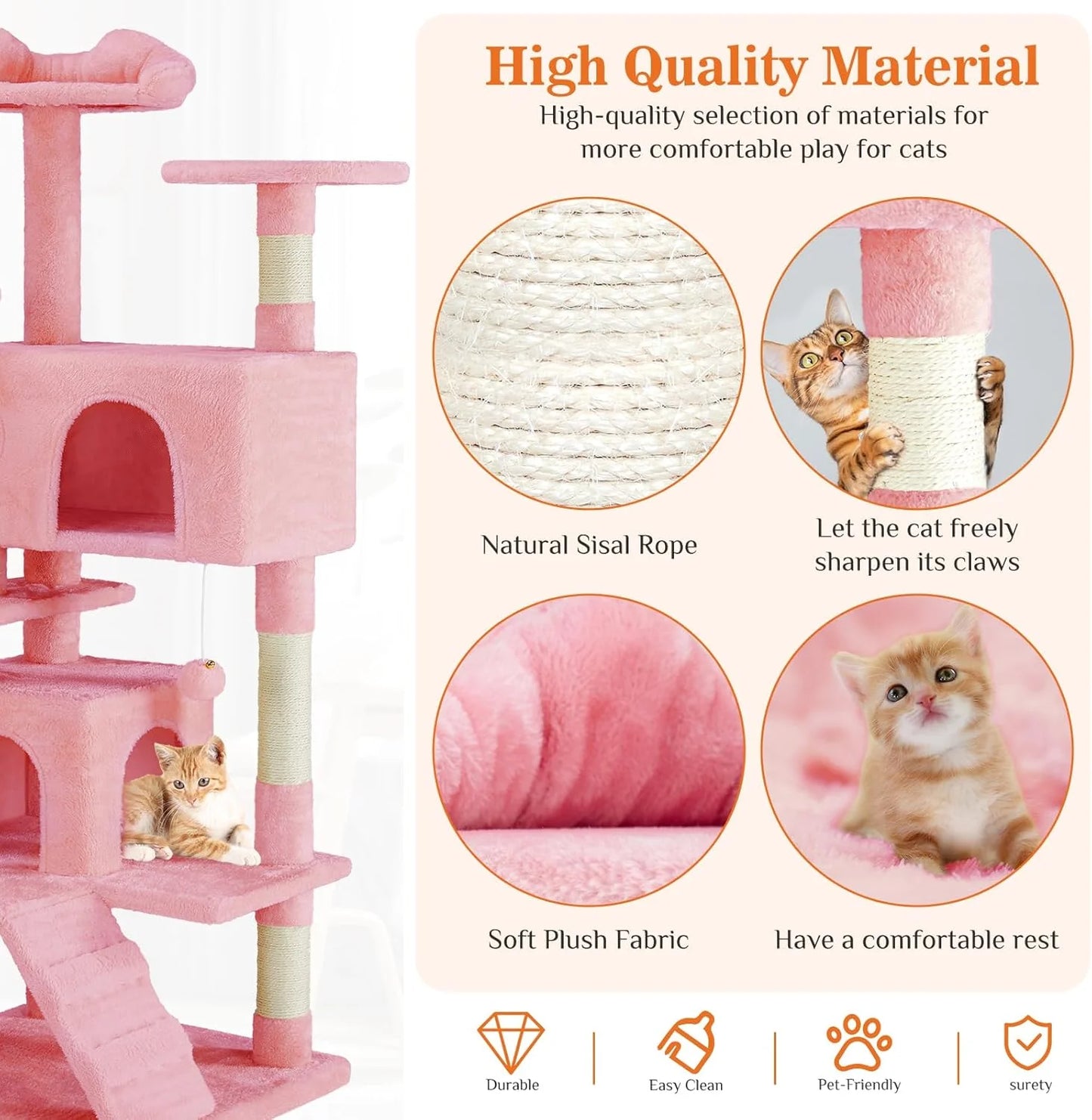 Multi-Level Cat Tree Tower with Scratching Post, Condo & Climbing Ladder – Pink