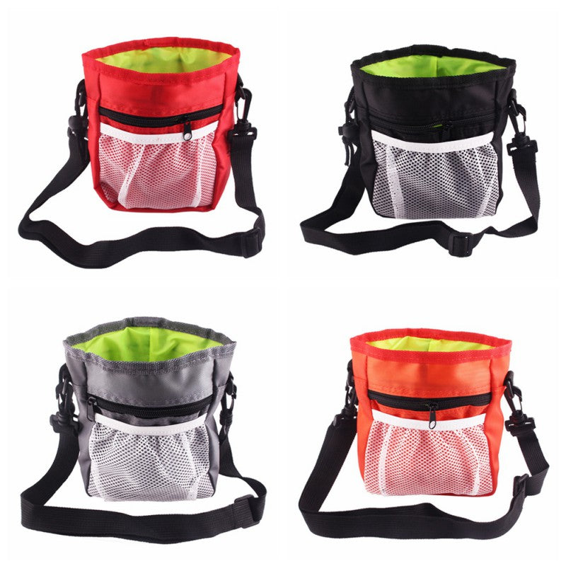 Four treat pouch colour options - red, black, grey, and orange - each with a mesh front pocket and adjustable strap