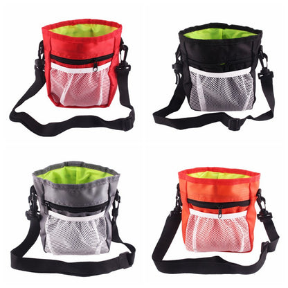 Four treat pouch colour options - red, black, grey, and orange - each with a mesh front pocket and adjustable strap