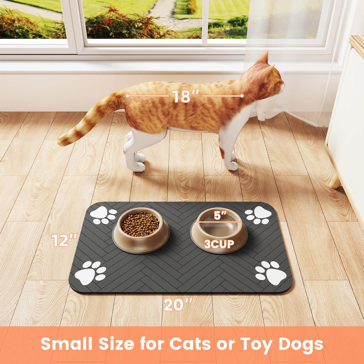 Small pet feeding mat shown beside a cat for scale, measuring 20 x 12 inches with a 3-cup capacity bowl