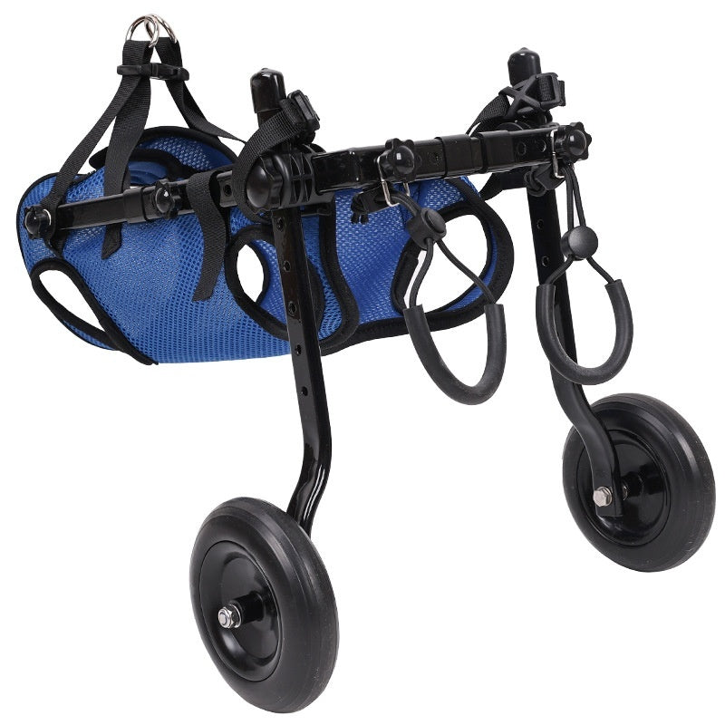 Blue dog wheelchair for back legs shown at an angle, aluminum-alloy frame and padded mesh harness