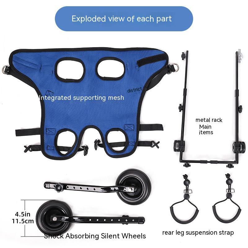 Exploded view of the dog wheelchair's parts: mesh harness, aluminum metal rack, shock-absorbing wheels, and rear leg suspension strap