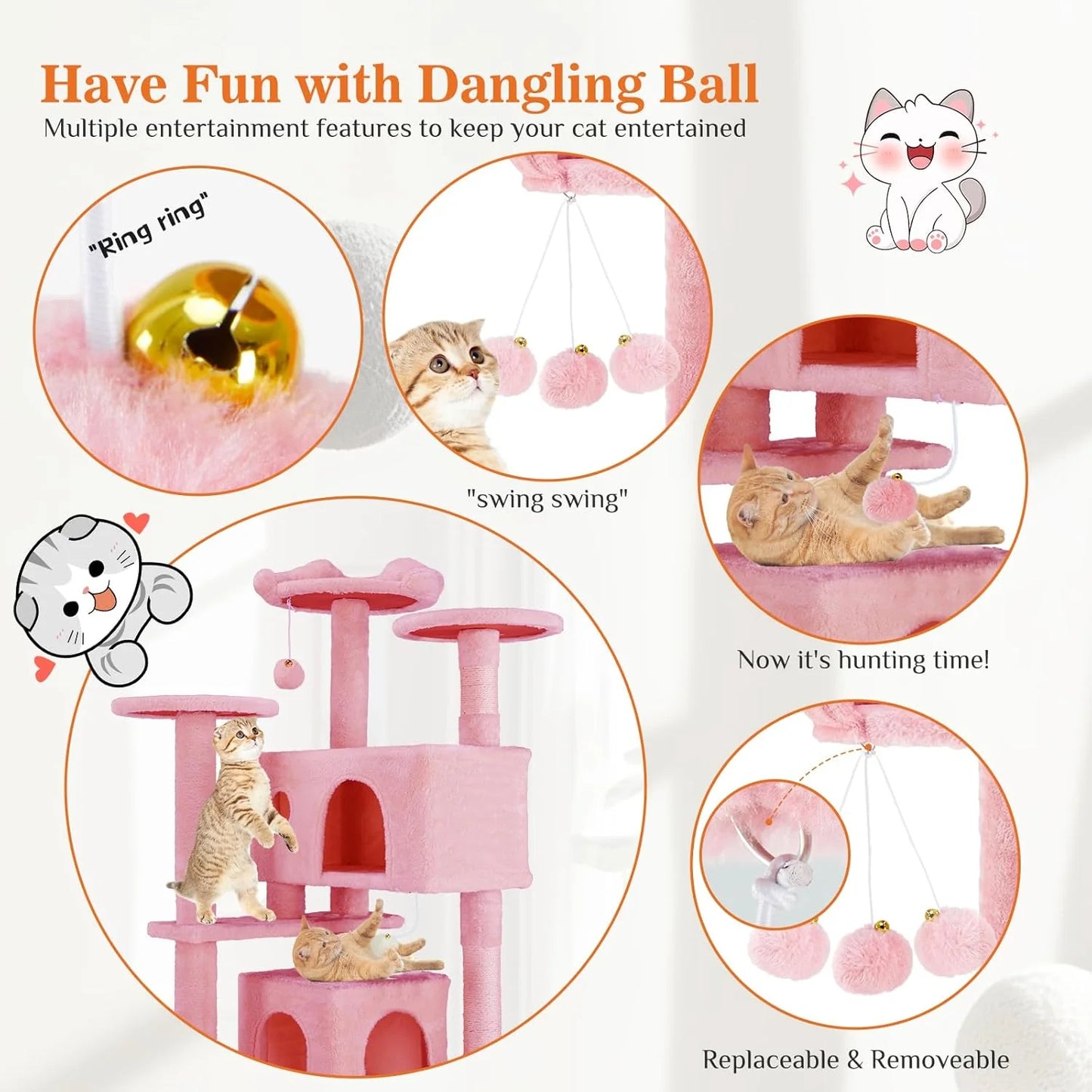 Multi-Level Cat Tree Tower with Scratching Post, Condo & Climbing Ladder – Pink