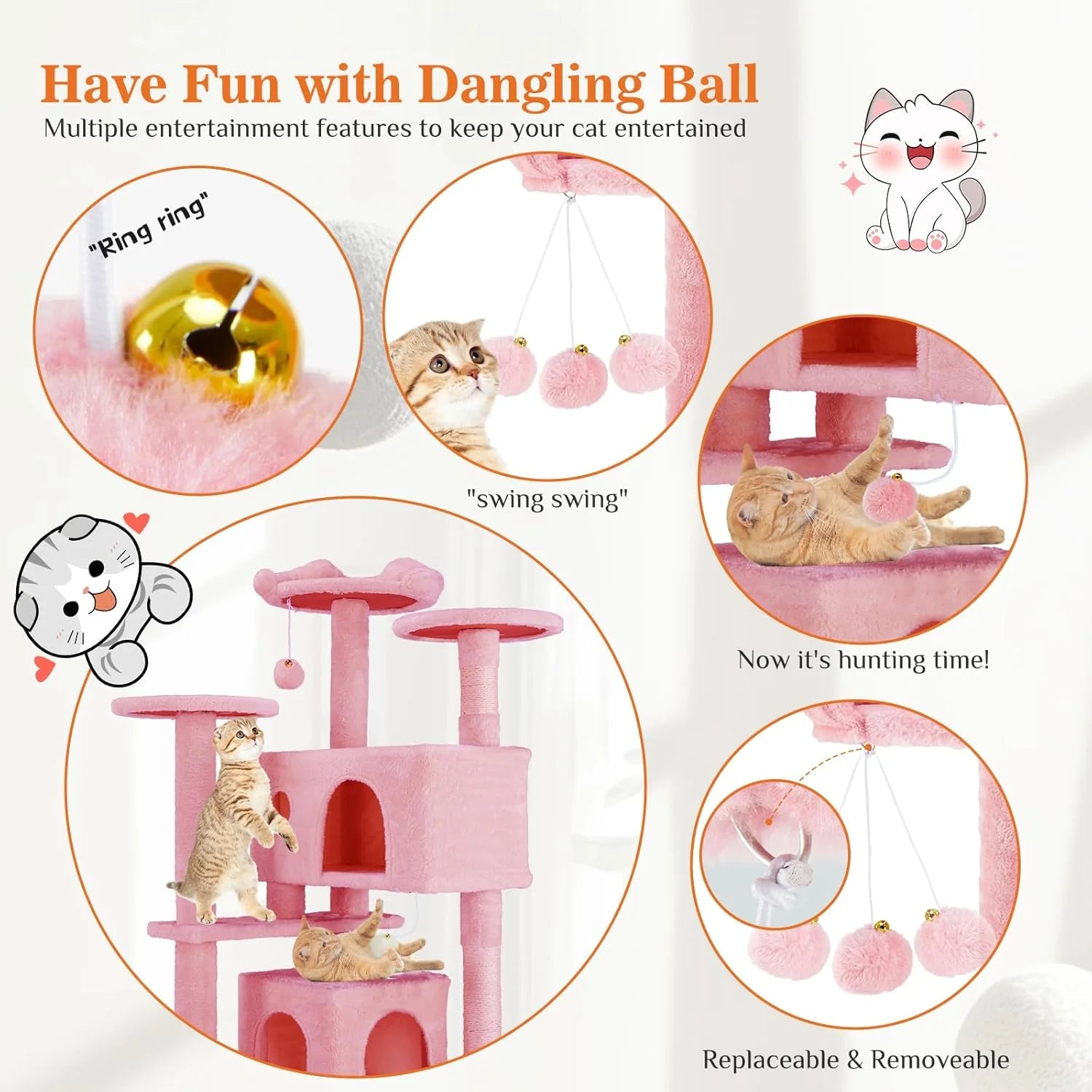 Multi-Level Cat Tree Tower with Scratching Post, Condo & Climbing Ladder – Pink
