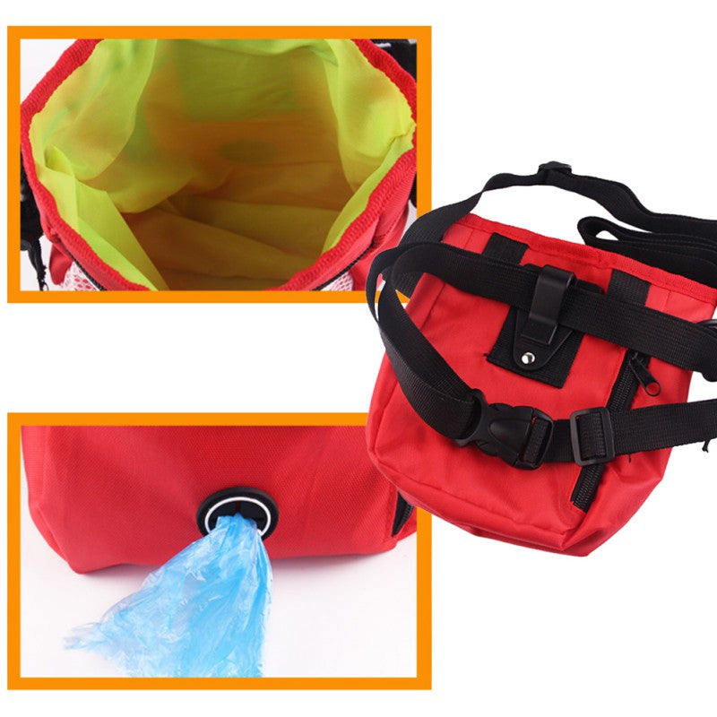 Close-up of the red treat pouch's open drawstring interior and a poop-bag dispenser at the base