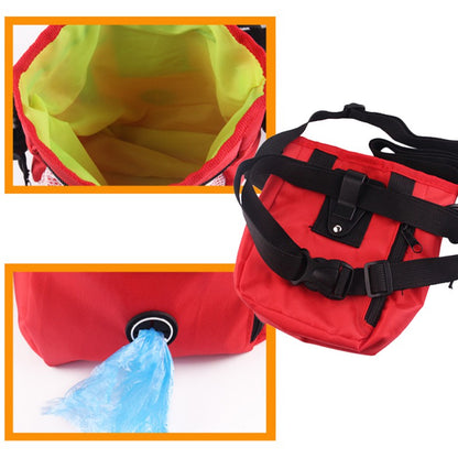 Close-up of the red treat pouch's open drawstring interior and a poop-bag dispenser at the base