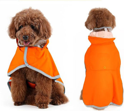 Front and back view of a dog wearing the raincoat in orange, showing the reflective trim.