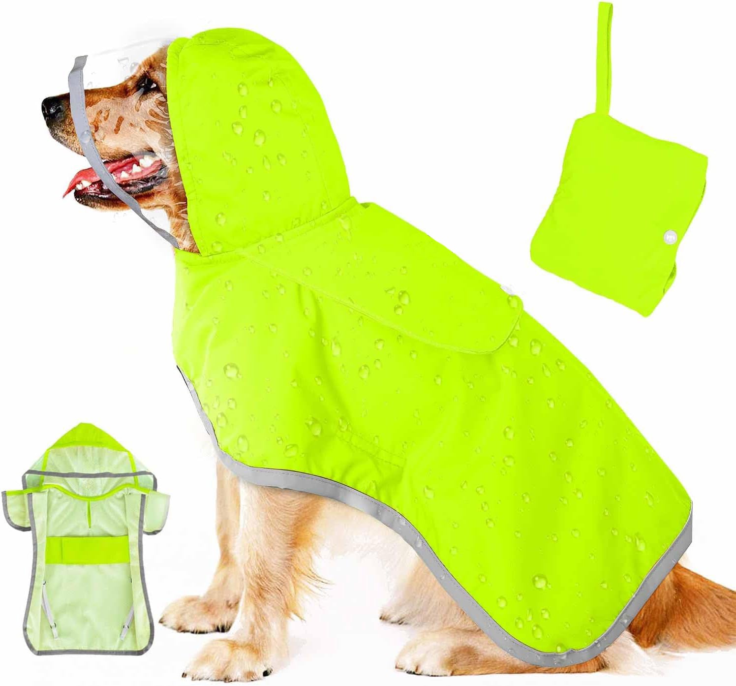 Dog wearing the raincoat in bright yellow with the hood up, shown with its matching storage pouch and a flat lay of the coat.
