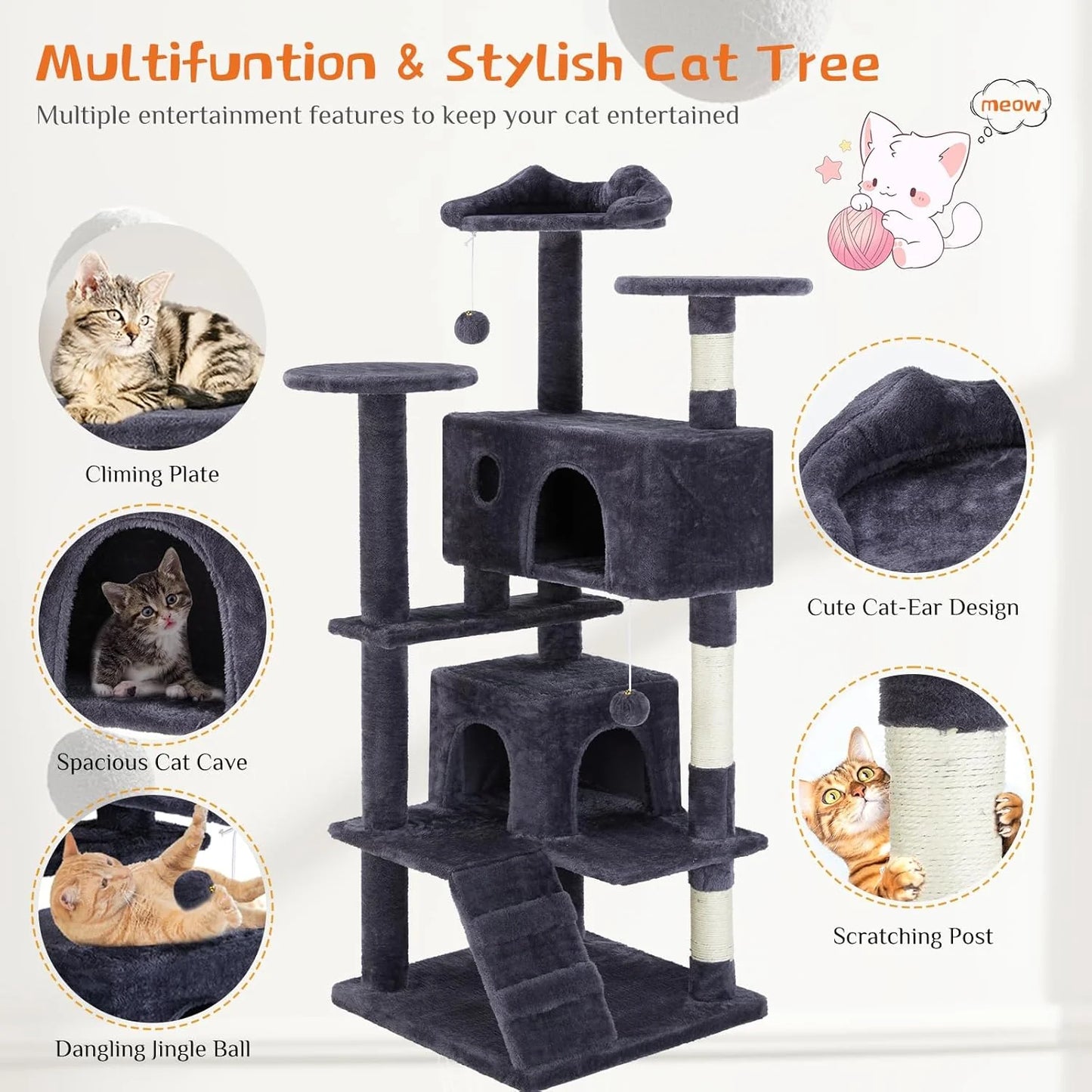 Multi-Level Cat Tree Tower with Scratching Post, Condo & Climbing Ladder – Dove Grey