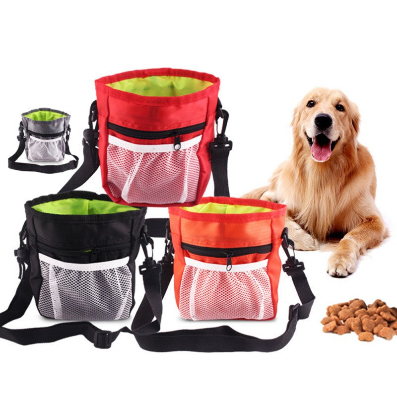 Grey, red, black, and orange dog training treat pouches with mesh front pockets and adjustable straps, shown beside a golden retriever and kibble
