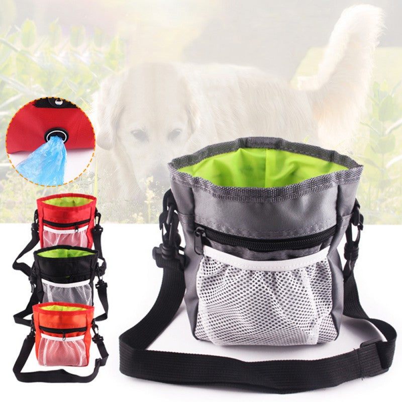 Grey treat pouch highlighted alongside the red, black, and orange options, showing the poop-bag dispenser detail