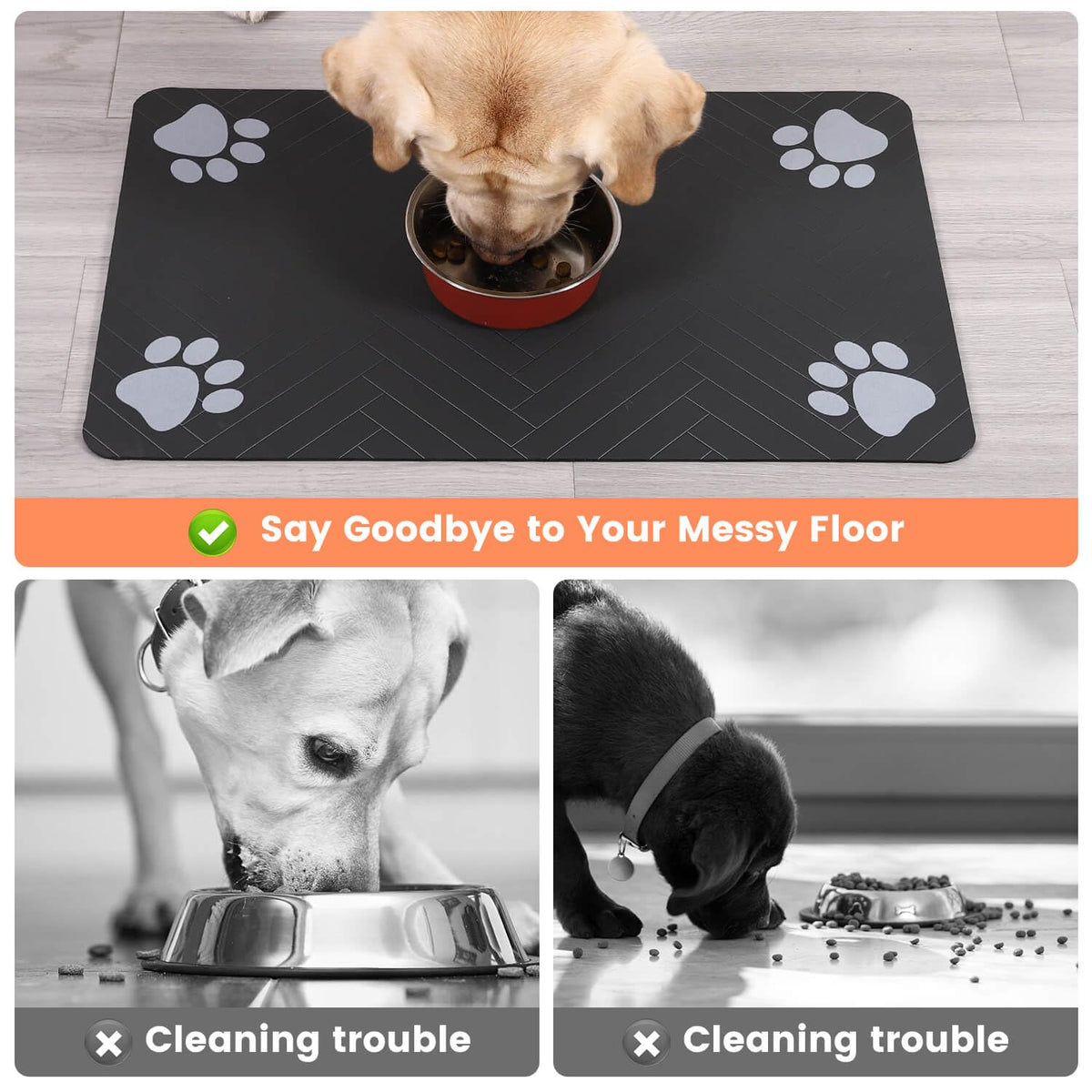Comparison graphic showing a dog eating cleanly from a bowl on the mat versus kibble scattered on a bare floor