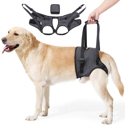 Adjustable Dog Lift Harness - grey polyester harness with removable handle, front view