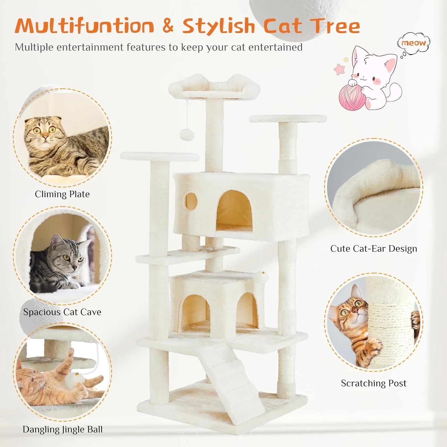 Multi-Level Cat Tree Tower with Scratching Post, Condo & Climbing Ladder – Dove Beige