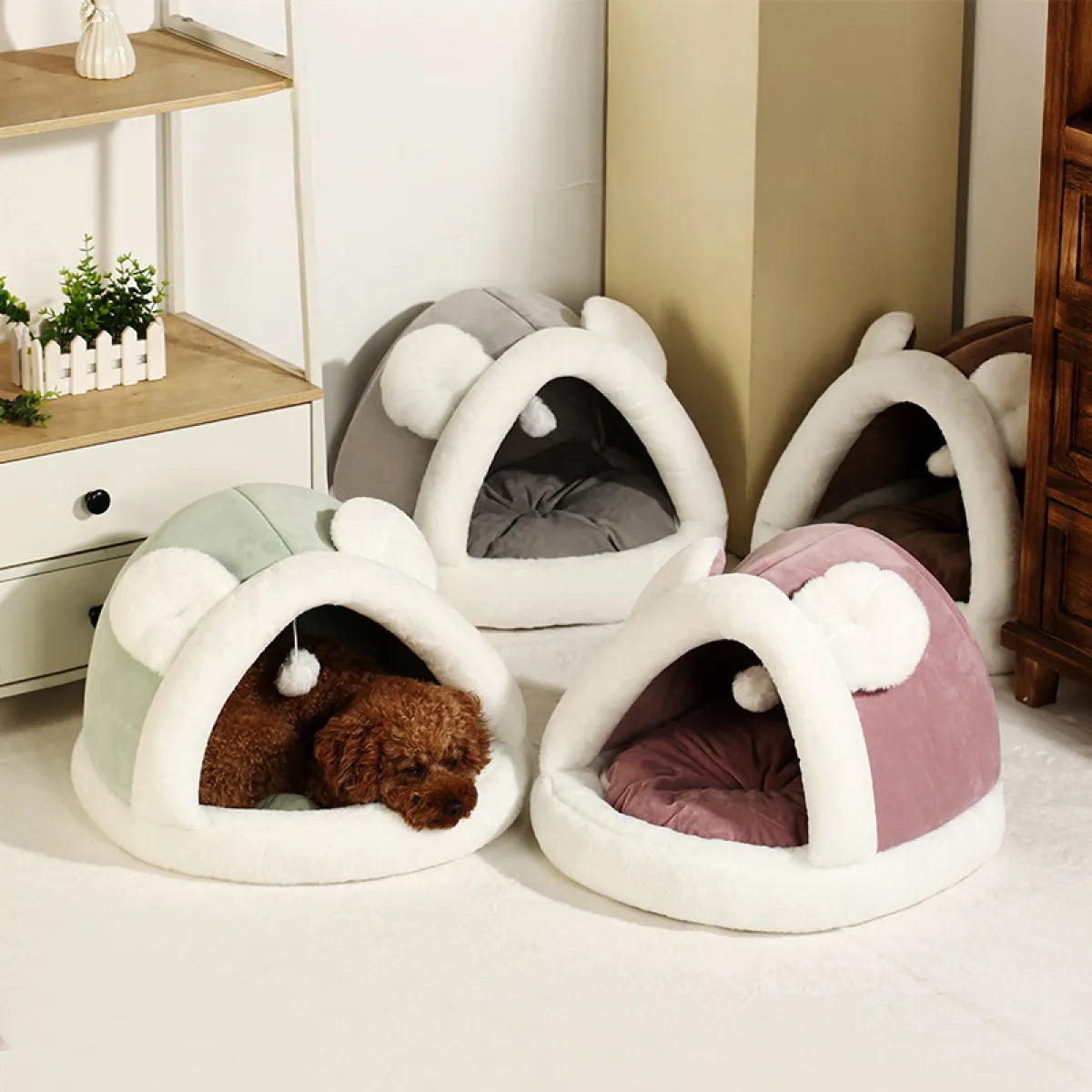 Pet Tent Cave Bed shown in the Green colourway