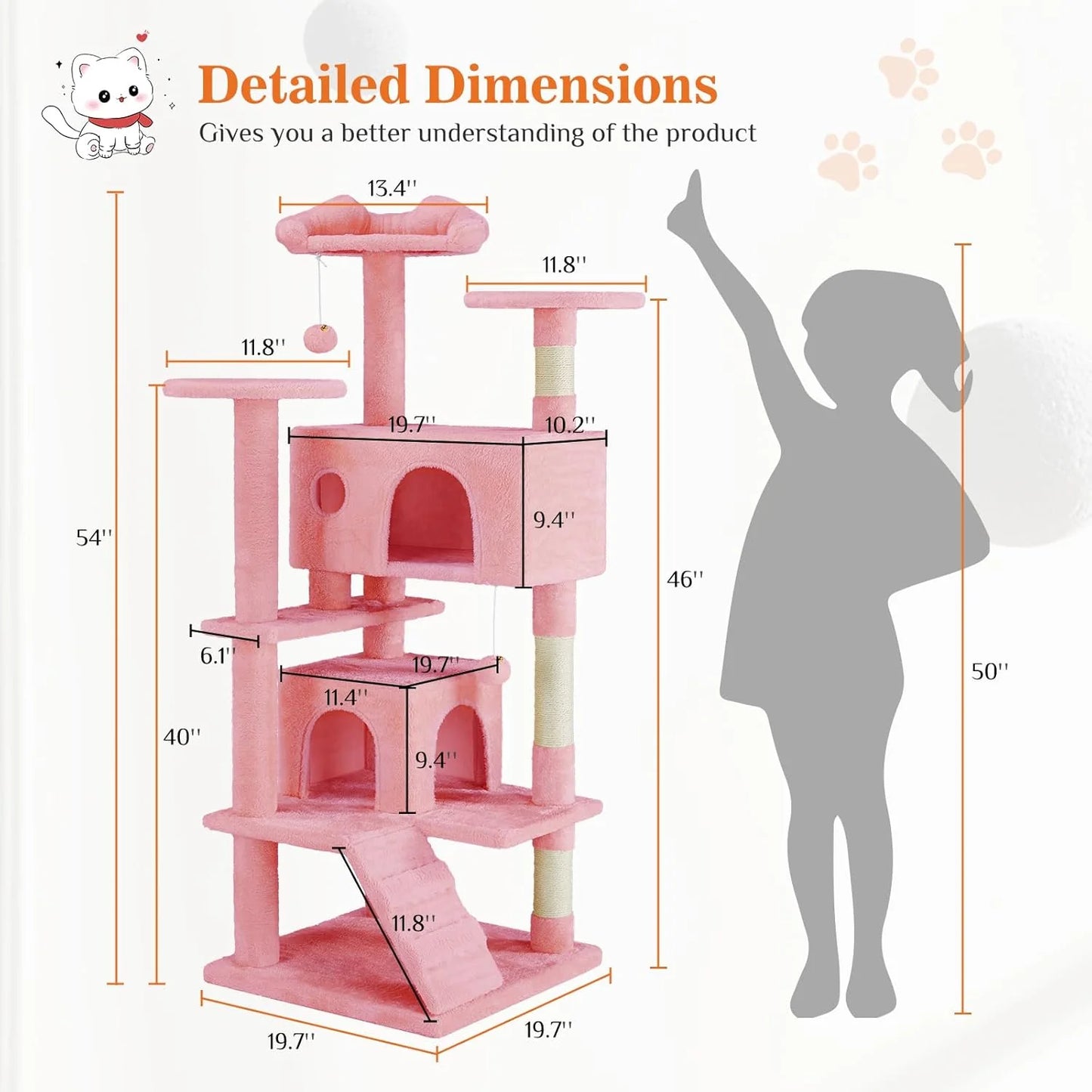 Multi-Level Cat Tree Tower with Scratching Post, Condo & Climbing Ladder – Pink