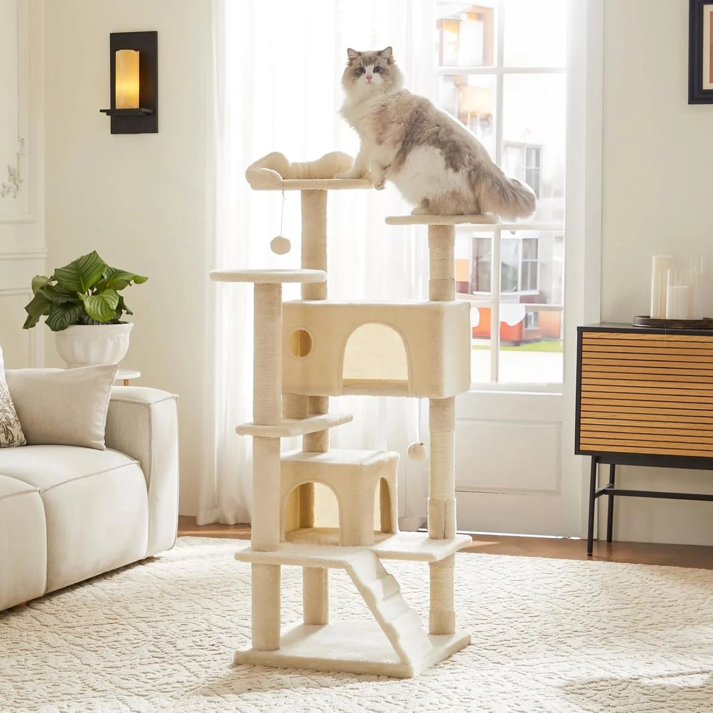Multi-Level Cat Tree Tower with Scratching Post, Condo & Climbing Ladder – Dove Beige