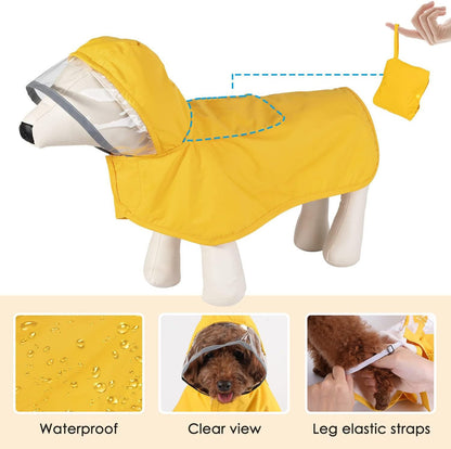 Yellow raincoat feature diagram showing the waterproof fabric, clear-view hood, and leg elastic straps.