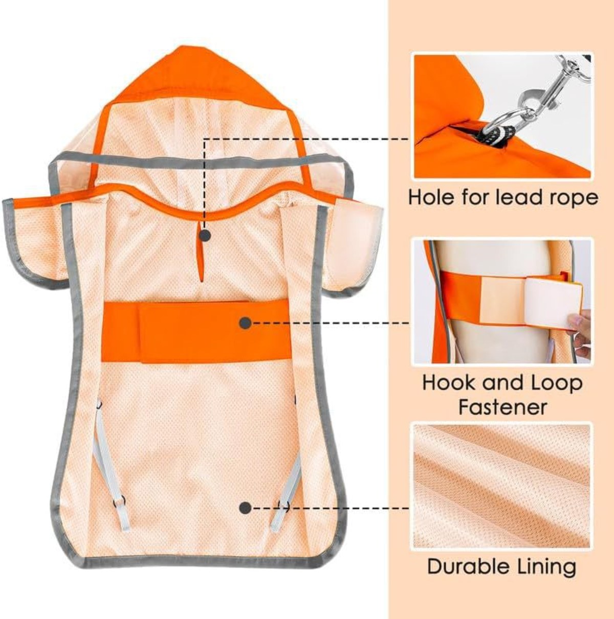 Interior view of the orange raincoat highlighting the hole for the lead rope, hook-and-loop fastener, and durable lining.