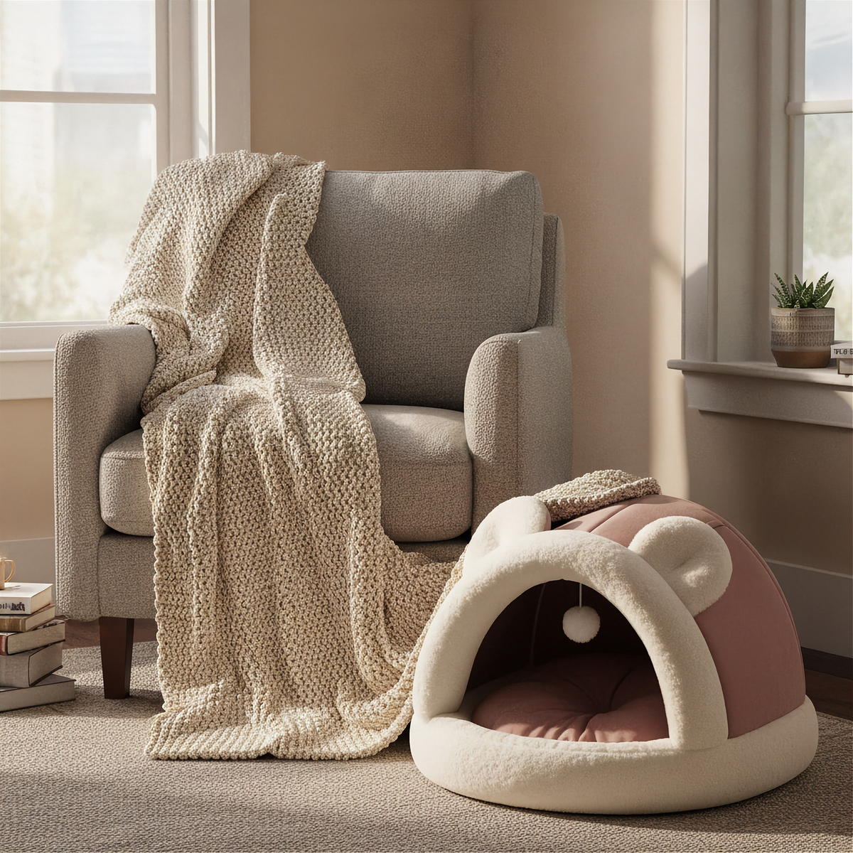 Self-Warming Pet Tent Cave Bed - Pink - lifestyle 3