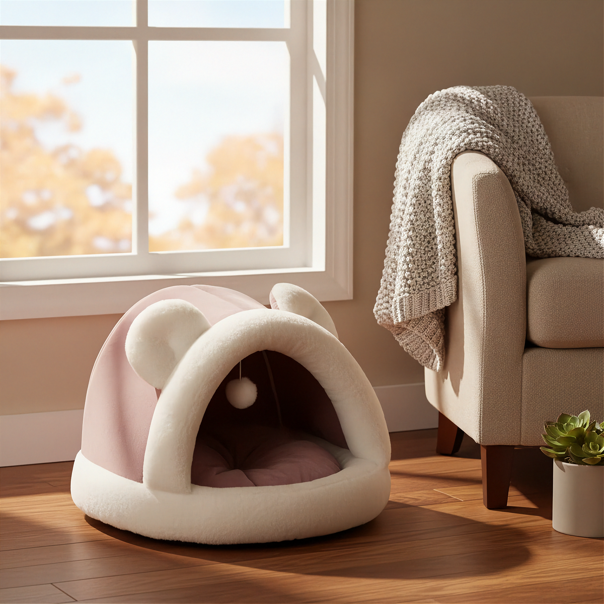 Self-Warming Pet Tent Cave Bed - Pink - lifestyle 4