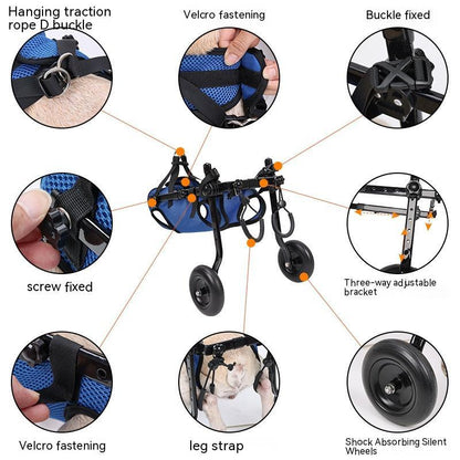 Close-up callouts of the dog wheelchair's hardware: D-ring traction rope, Velcro fastening, buckle-fixed joints, screw-fixed frame, three-way adjustable bracket, leg strap, and shock-absorbing wheels