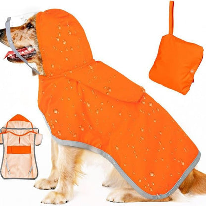 Dog wearing the raincoat in orange with the hood up, shown beside its matching fold-up storage pouch and a flat lay of the coat.