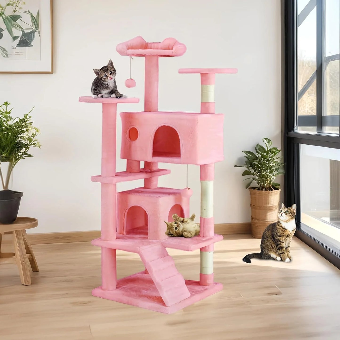 Multi-Level Cat Tree Tower with Scratching Post, Condo & Climbing Ladder – Pink