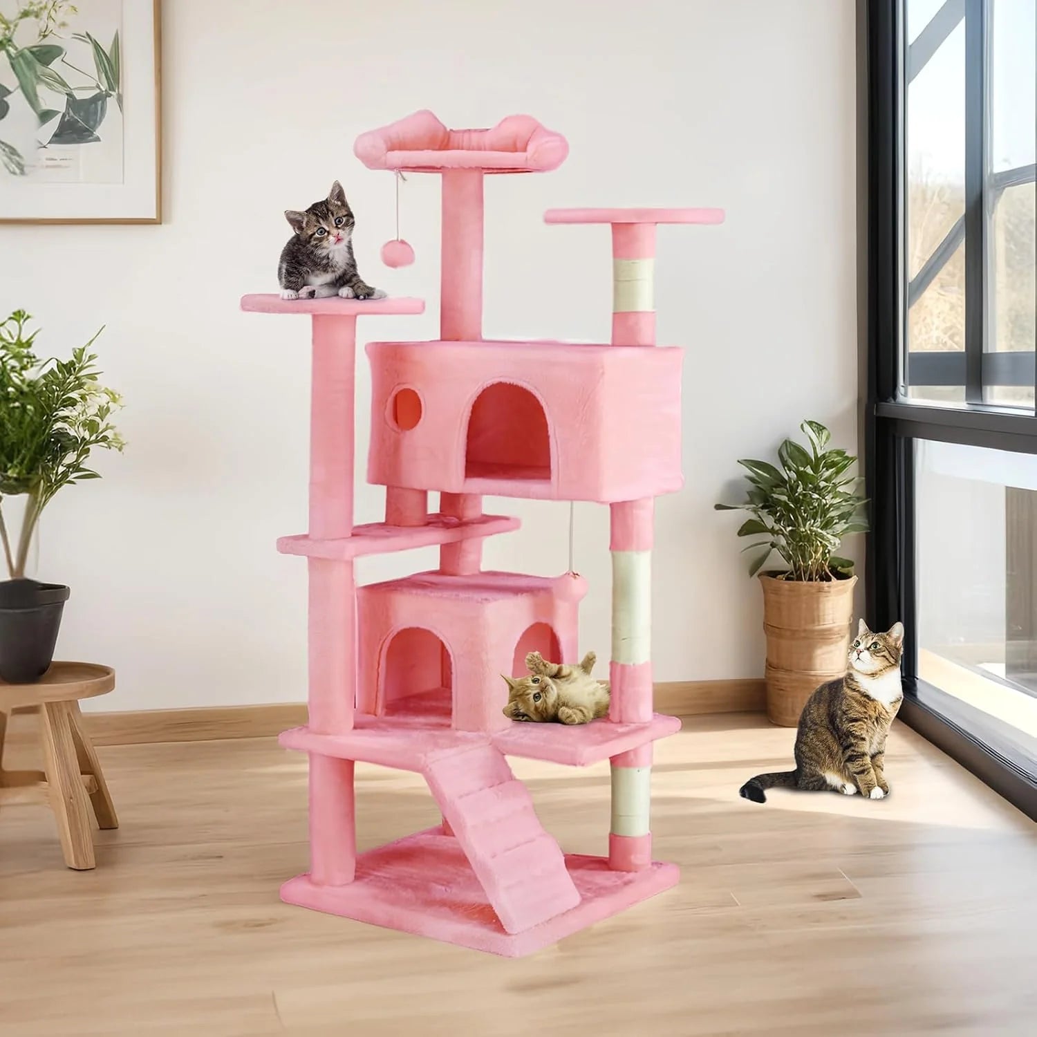 Multi-Level Cat Tree Tower with Scratching Post, Condo & Climbing Ladder – Pink