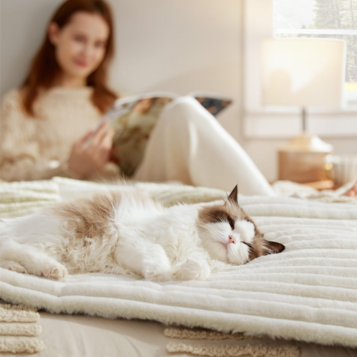 Cat lying on the brown self-warming pet mat