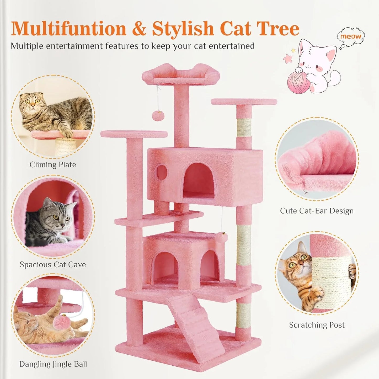 Multi-Level Cat Tree Tower with Scratching Post, Condo & Climbing Ladder – Pink