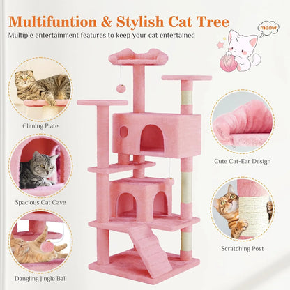 Multi-Level Cat Tree Tower with Scratching Post, Condo & Climbing Ladder – Pink