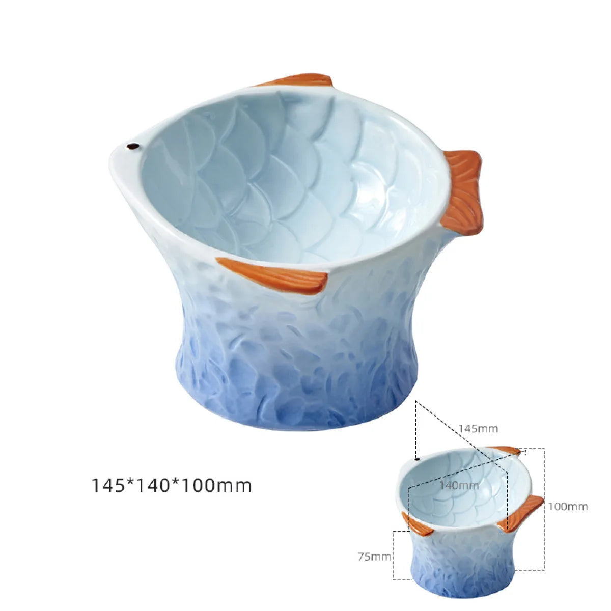 Side view of the ceramic cat feeder showing the bowl elevated and tilted at roughly 15 degrees
