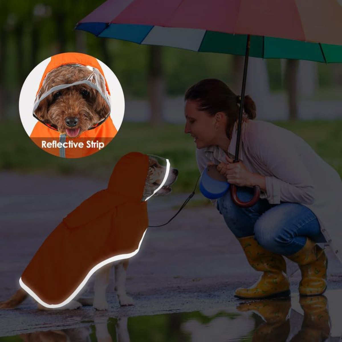 Dog wearing the raincoat in orange on a walk in the rain with its owner, highlighting the reflective strip.